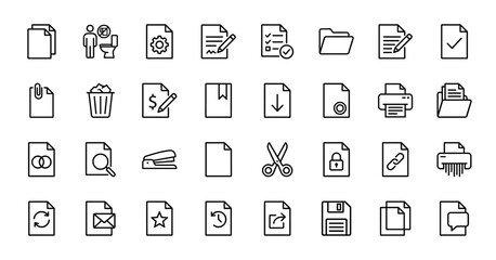 Fototapeta premium Document and office management line icon set. Vector pictograms of paper, folder, printer, shredder, magnifying glass, scissors, floppy disk, and star, thin outline illustration.