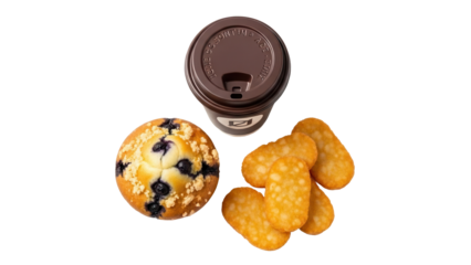 Top view of a fast food breakfast set with muffin hash browns and coffee isolated on white background