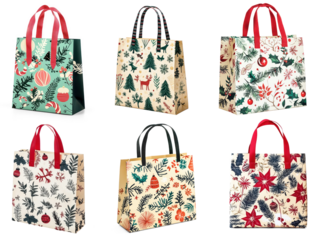 Collection of Christmas gift bags with various patterns and colors.