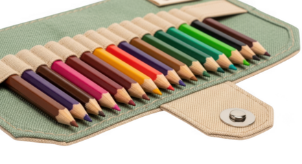Colorful pencils in a canvas case isolated on transparent background