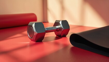 A hexagonal dumbbell rests on a red yoga mat in a workout space. Another rolled mat is nearby. The scene suggests fitness training and a healthy active lifestyle.