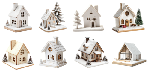 A collection of eight white and beige miniature houses with snow on their roofs and windows, arranged in a grid on a white background.