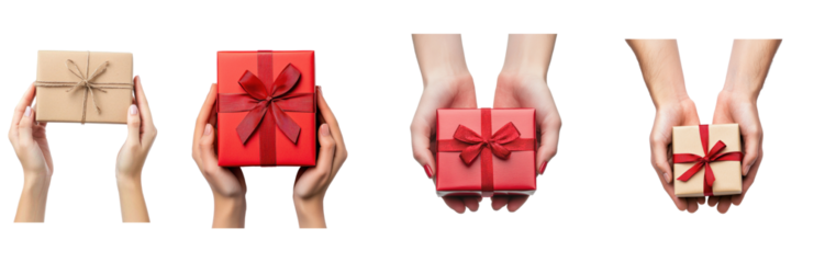 Collection of Hands holding wrapped gifts with red and brown ribbons.