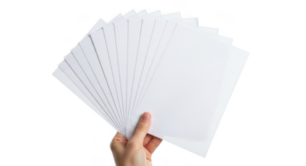 Hand holding fan of white cards isolated on transparent background