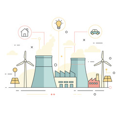 Clean energy power plant illustration with wind turbines solar panels and smart grid symbols showing sustainable electricity and modern eco friendly energy system