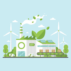 Eco friendly industrial factory using clean energy, wind power, solar panels and green production concept for sustainability and low carbon future