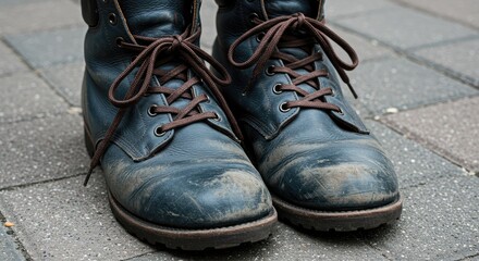 Close-up of dirty, worn blue leather boots with brown laces