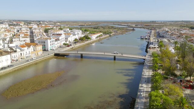 Travel View of Tavira Town Connecting Bridge and White Houses Drone