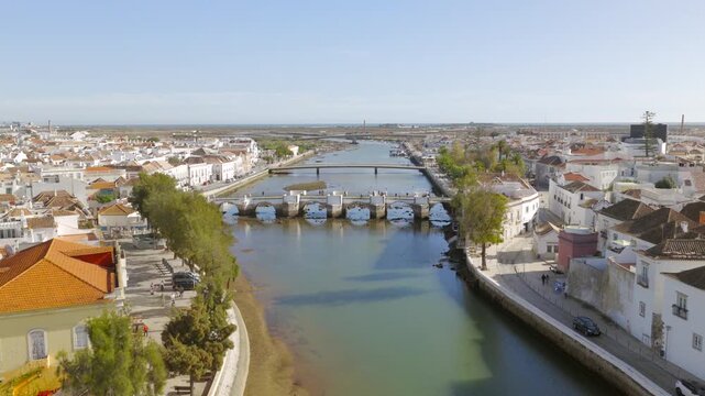 Tavira Algarve aerial Roman bridge Gilao river historic center