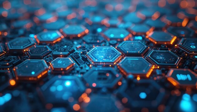 Abstract circuit board pattern with glowing blue and orange hexagons. Digital network grid with microscopic tech components. Futuristic cyberspace and data flow.