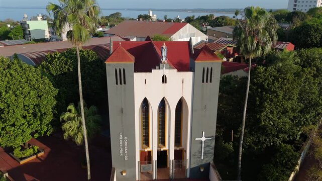 Aerial fly Church building in Subtropical Posadas Misiones Argentina landscape, drone view, Parroquia Inmaculada Concepción
