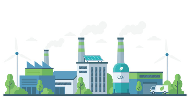 Clean energy industrial factory with carbon capture system, wind turbines, solar panels, and eco transport concept for net zero and sustainable manufacturing.