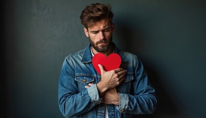 Man clutches red heart, expresses deep sadness and emotional pain from love loss. Lonely guy feels broken, rejected after relationship issues, internal struggle.