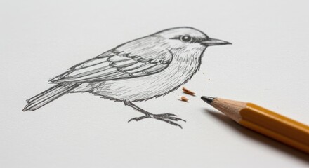 Pencil drawing of a bird next to its sharpened point