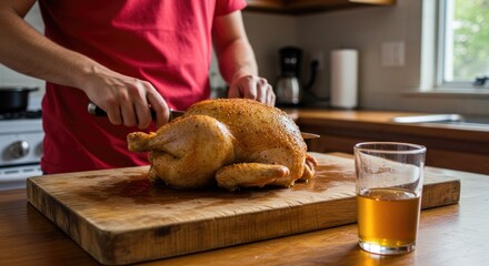 Person carving a roasted chicken on a wooden board with a drink