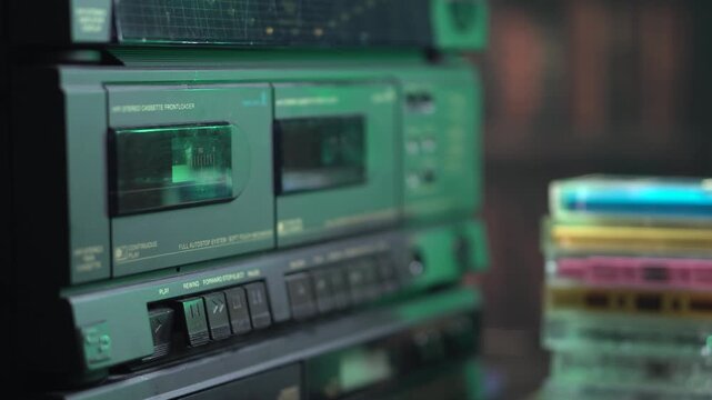 Audio Cassette Tape and Double Deck Player, Inserting and Starting Playback, Close Up