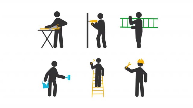 Manual labor stick figures glyphs animation set. Home improvement, handyman activities. Construction workers. Professional equipment. Animated stickman icon pack. Black solid pictograms motion