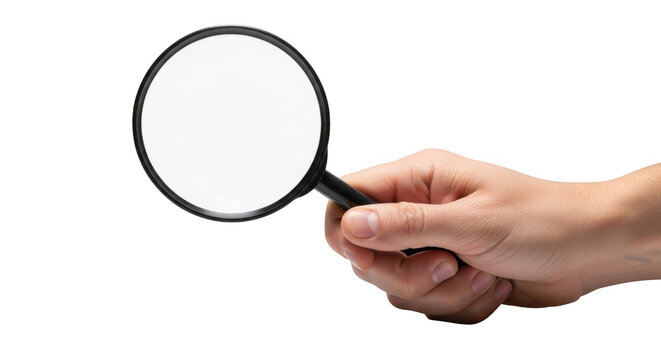 Hand holding a magnifying glass isolated on transparent background