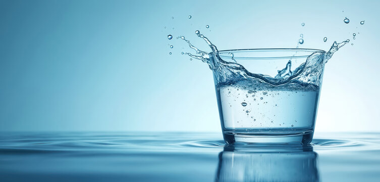 Clear liquid splashes from glass. Refreshing pure water creates ripples. Clean beverage quenches thirst. Healthy hydration concept. Crystal drink.