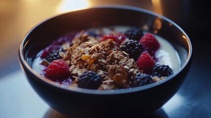 Delicious and Healthy Breakfast Bowl with Granola, Berries, and Yogurt Delight