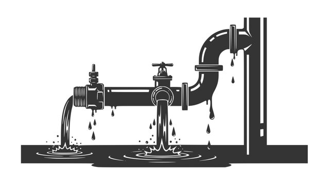 Leaking pipe with flowing water, cartoon illustration. Concept of economical water consumption. Transparent background SVG version.