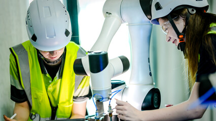 Two female robotics engineers in an R and D lab troubleshoot an artificial intelligence cobot. They are inspecting the robotic system hardware, sensors, and programming.