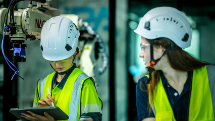 Two female engineers in hard hats and safety vests work with a robotic arm. One woman holds a tablet while the other inspects the machine.