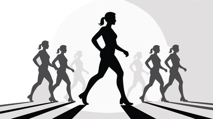 Determined woman in silhouette walking forward with others following her on a striped path