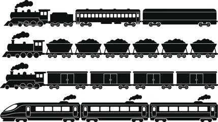 Train silhouette collection with steam locomotive freight wagons and modern passenger railway cars, transportation industry illustration, black vector design © Tanjimul