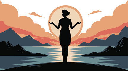Silhouette of a serene woman standing in a peaceful meditative pose surrounded by majestic mountains and water