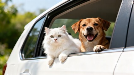 Cat and dog in car window