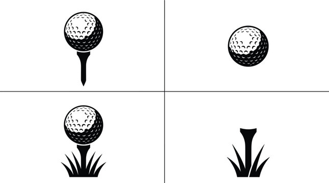 Golf ball and tee silhouette icons set, tee off positions and grass base, minimal black sports equipment illustration design