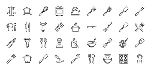 Kitchenware line icon set. Vector pictograms of pots, pans, whisk, rolling pin, kettle, grater, spatula, knife, cutting board, and oven, thin outline illustration.