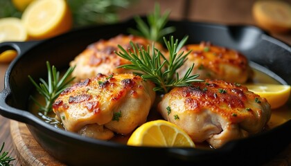 Juicy roasted chicken thighs with lemon and rosemary are cooked in a cast iron pan. The savory meat dish is garnished with fresh herbs and served with citrus slices.