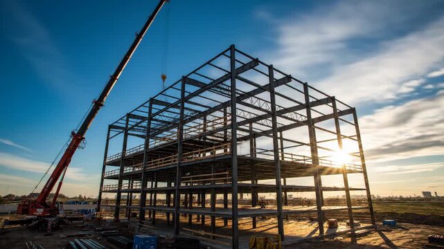 Dynamic time-lapse sequence showing the rapid erection of a multi-story skeletal steel frame structure against a bright blue sky as the sun moves across the scene site, skeletal, infrastructure