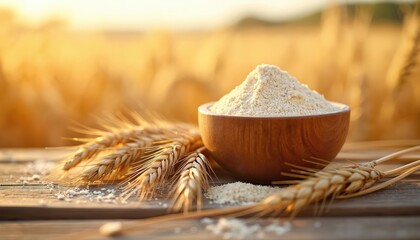 Wheat flour in wooden bowl next to ears of grain. Rural farm field background, soft golden light. Baking ingredient for bread, rustic harvest scene.