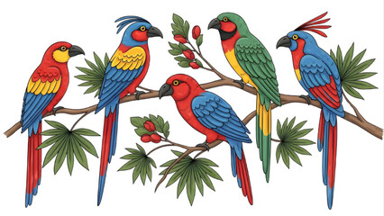 Vibrant Tropical Birds Folk Art Illustration Colorful Exotic Nature
