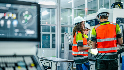 team of engineers uses an AI-driven smart factory for advanced manufacturing. This future of work technology optimizes the supply chain and production efficiency for high-tech growth.