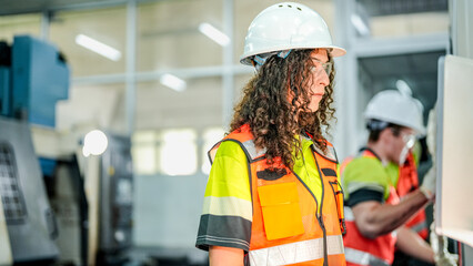 Professional female engineer supervising industrial production line. Dedicated woman in safety gear monitoring manufacturing machinery while colleague works in a modern smart factory plant.