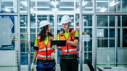 A diverse engineering team plans the future of work using a tablet. They are developing high-tech AI robotics and chip solutions for advanced manufacturing.