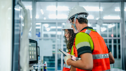 Two engineers use a tablet to program an AI system. They are in a futuristic smart factory, reviewing data for industrial robots or microchip manufacturing.
