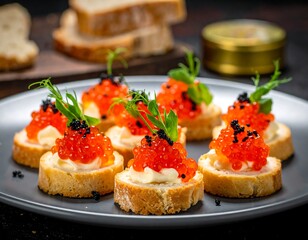 Appetizing canap?s with salmon roe, cream, and microgreens