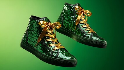 Green Sequin High- Top Sneakers with Gold Ribbon Laces shoes footwear