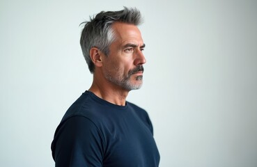 Fototapeta premium Serious middle-aged man with graying hair and beard looking to right side. He has thoughtful intense expression. He wears dark blue t-shirt against white background. There is plenty of copy space.