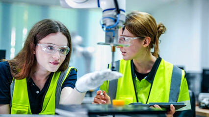 Two female engineers in safety vests collaborate in a tech lab. One woman holds a tablet while the other thinks, looking at a high tech robotic arm.