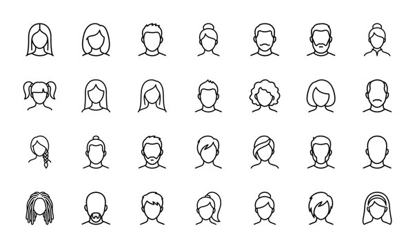 People and avatar line icon set. Vector pictograms of diverse men and women with different hairstyles, beards, and buns, thin outline illustration.