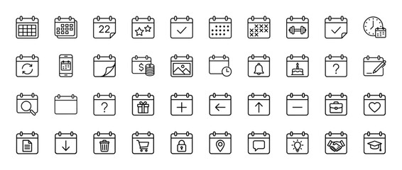 Calendar line icon set. Vector pictograms of schedule, reminder, appointment, deadline, workout, payment, birthday, shopping, and location, thin outline illustration.