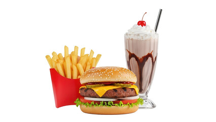 Classic american fast food set including cheeseburger potato fries and chocolate milkshake isolated on white background