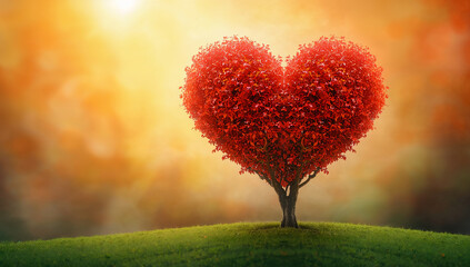 赤いハート形の樹木が印象的な自然モチーフ 恋愛や祝日の背景素材.生成AI