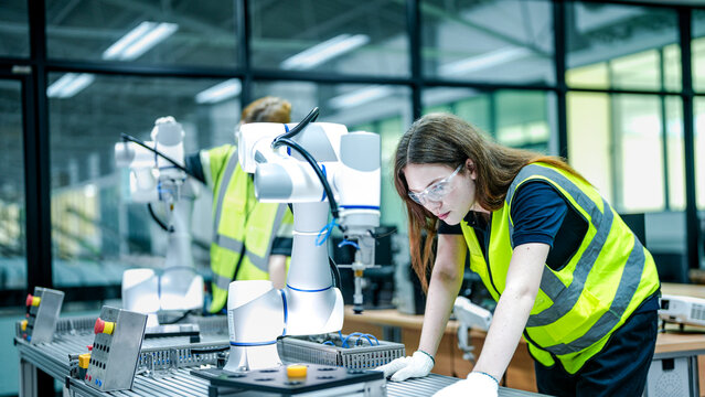 Two female engineers in safety vests collaborate in a tech lab. One woman in gloves inspects a high tech robotic arm while her colleague holds a tablet.